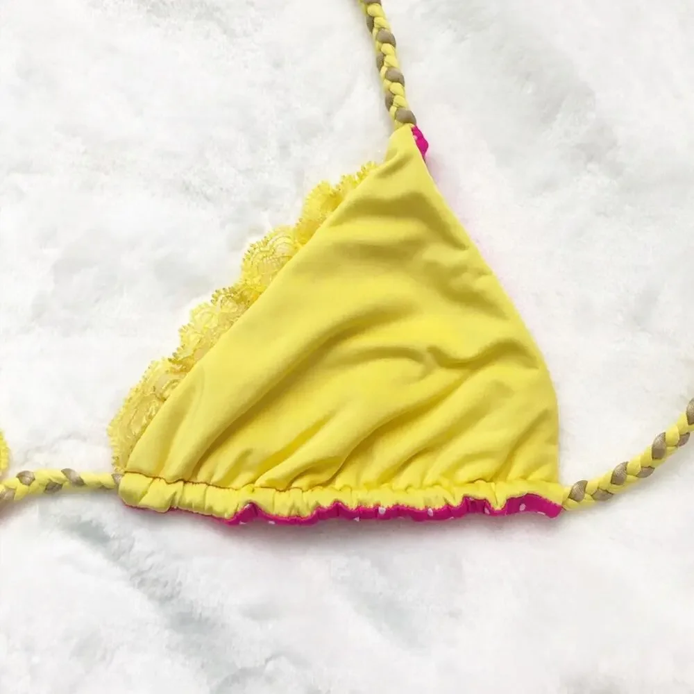 Beach bunny lady lace pink polka dot yellow reversible bikini top small braided